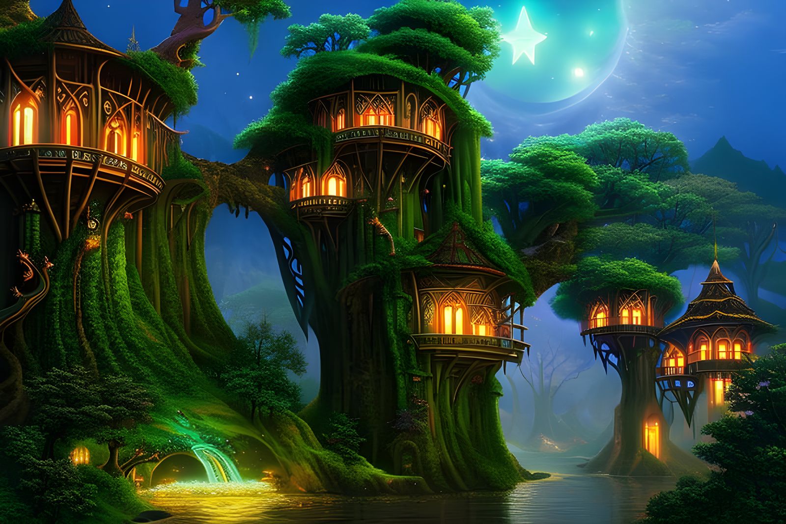 Enchanting Elven Tree-City in Mystical Forest
