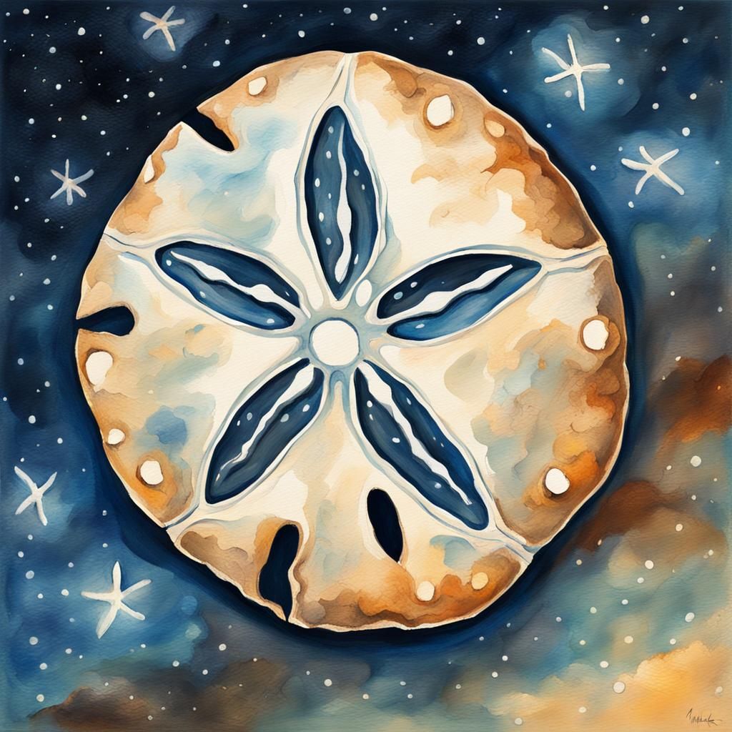 Sand Dollar in Night Sky: Gouache Watercolor Art