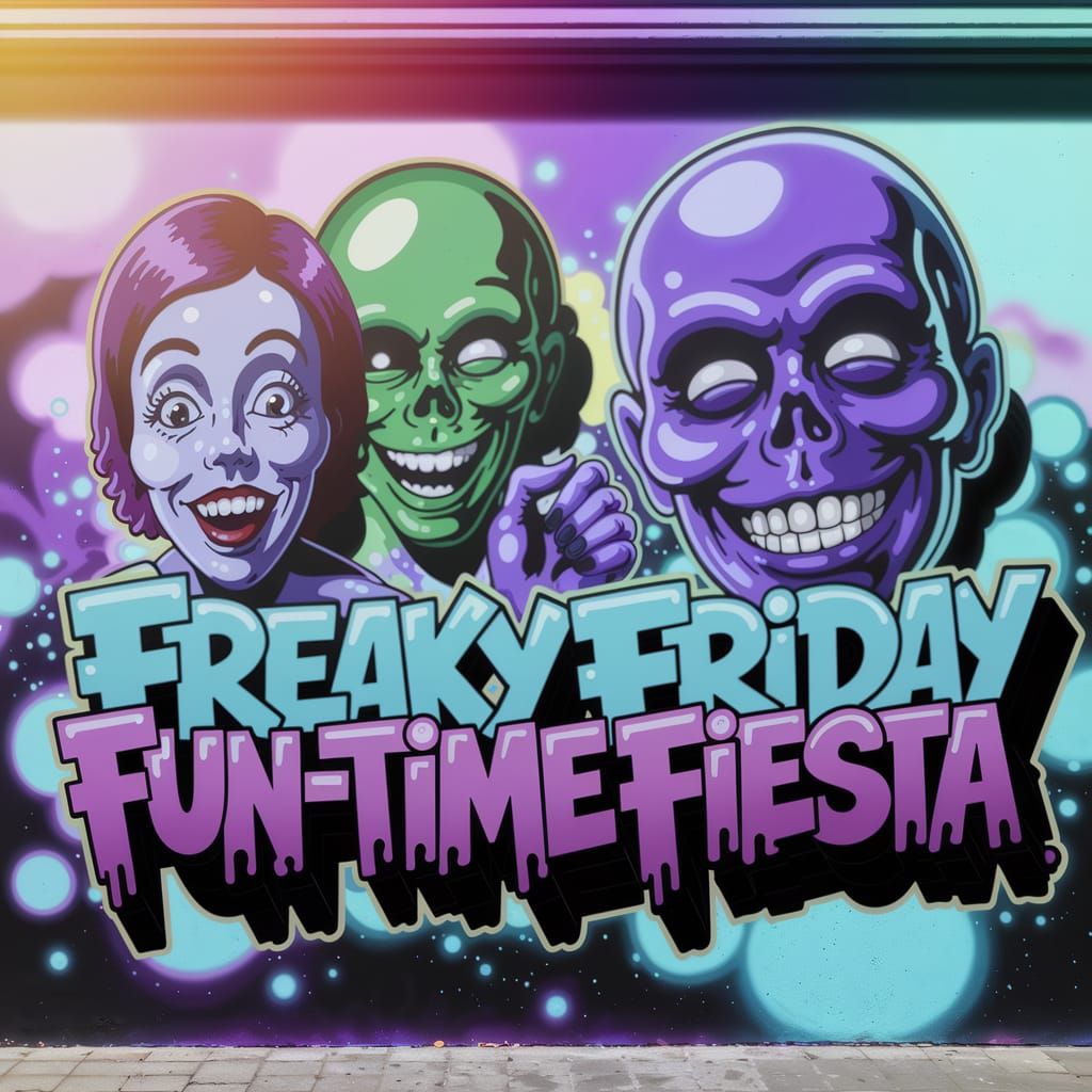 Freaky Friday Fun-time Fiesta, graffiti art, splash art, street art, spray paint, oil gouache melting, acrylic, high con...