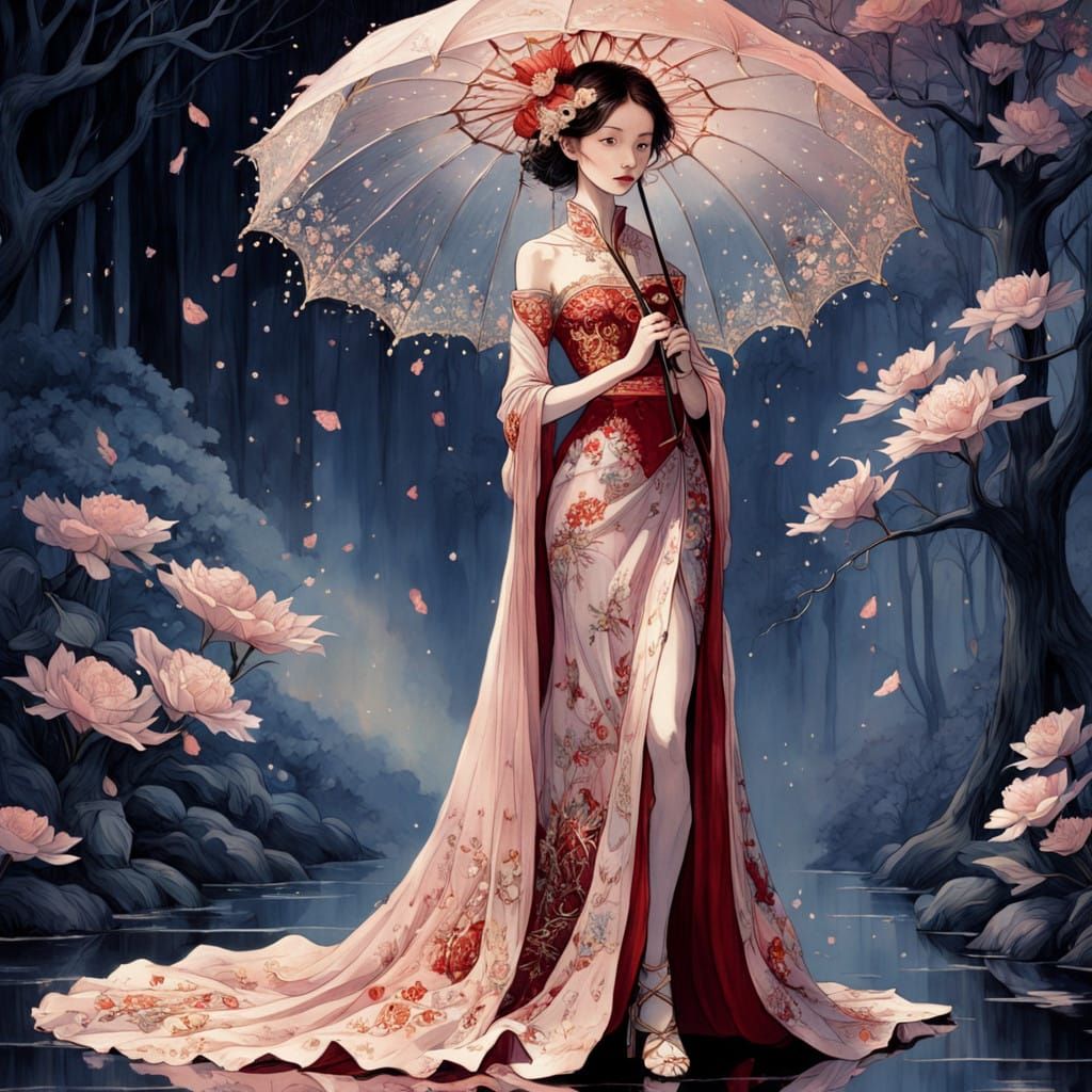 Enchanting Red Gown Scene with Blossoming Umbrella
