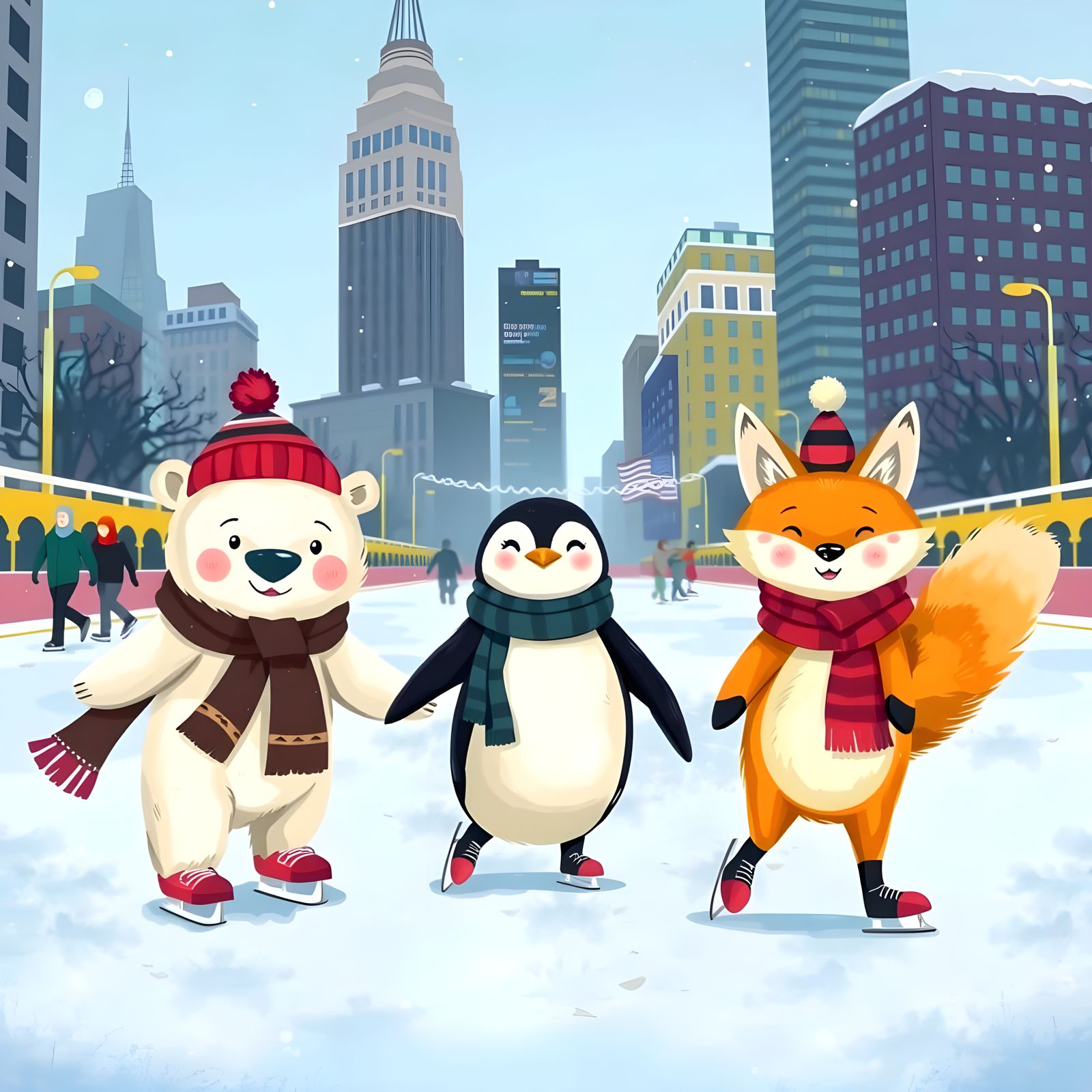 Wild Friends Enjoy Winter Fun in City Skating Rink