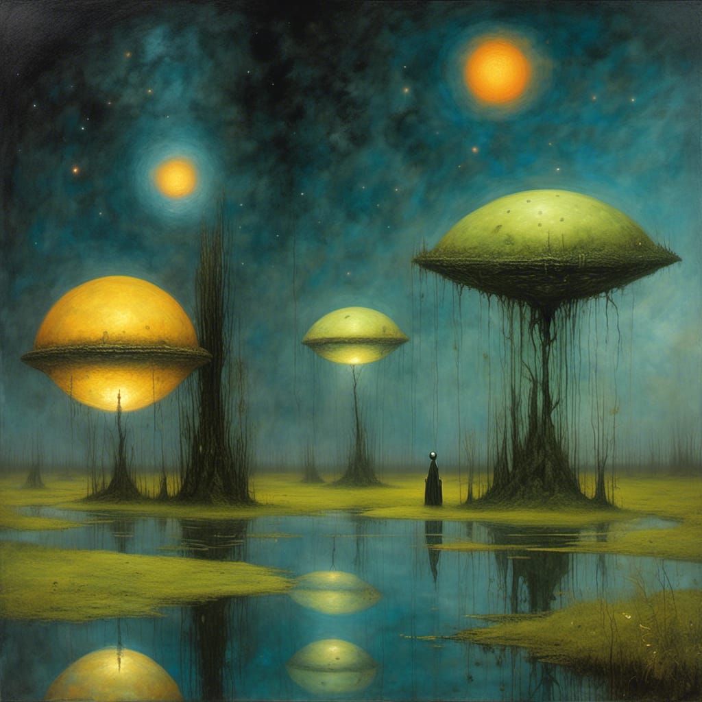 Psychedelic Swamp Sunset with UFO in Cel-Shaded Oil