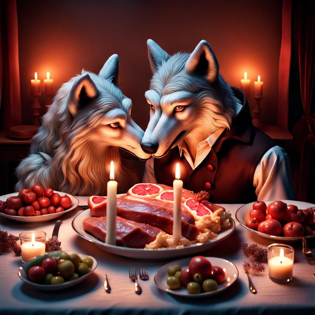 Romantic Feast with Wolves in Vintage Photo Style