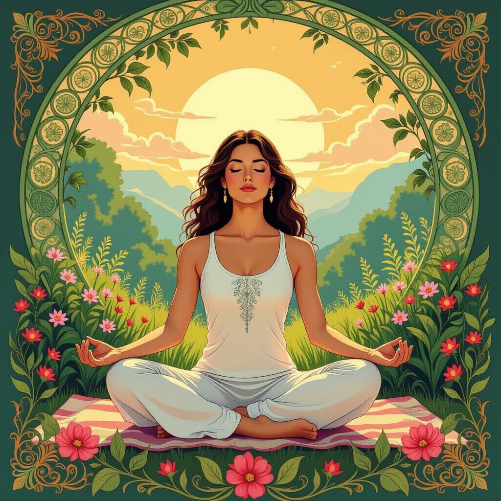 Serene Yoga in Nature at Sunrise, Art Nouveau & Whimsical St...