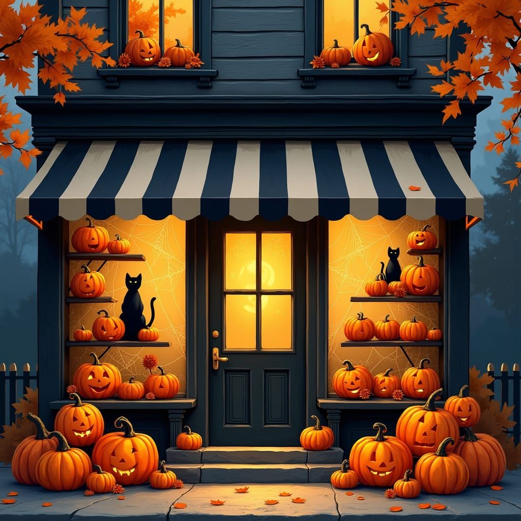 Vintage Halloween Storefront in Autumnal Setting