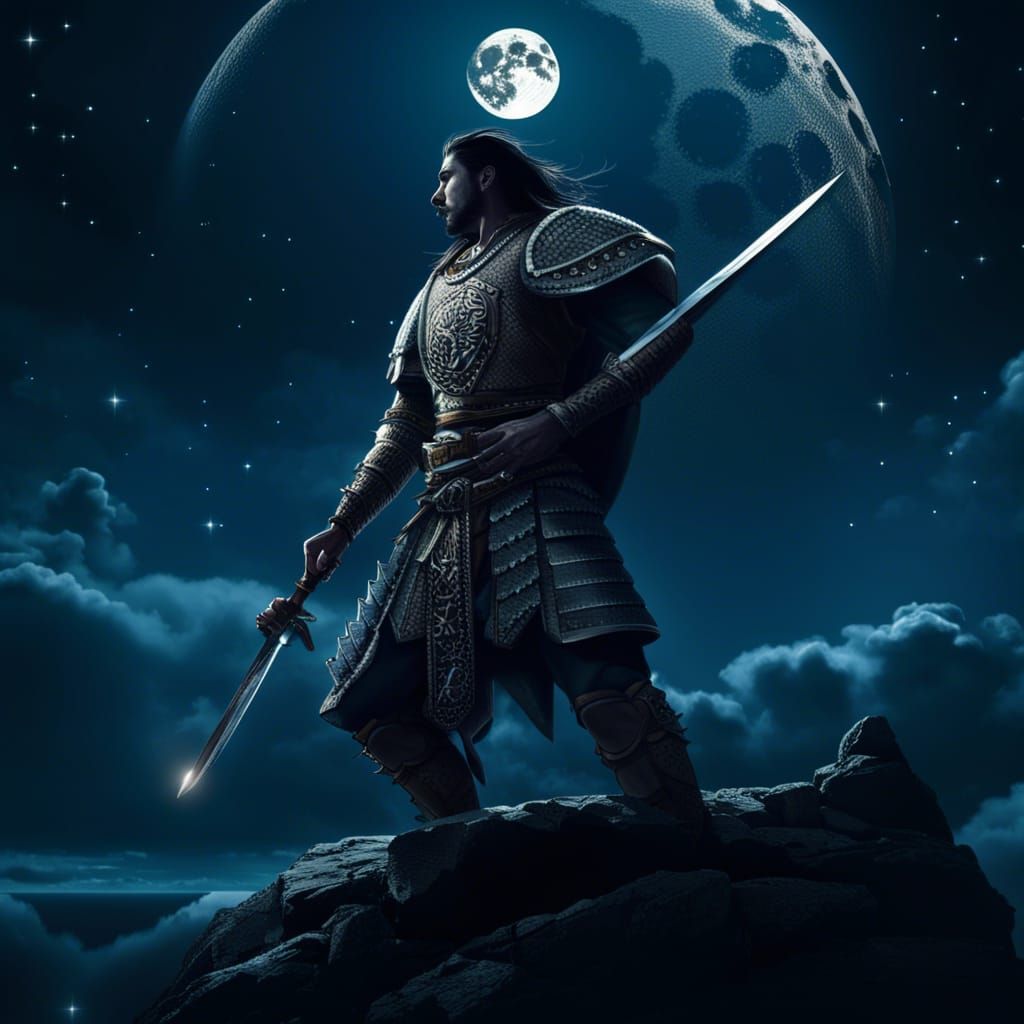 Warrior Points Sword at Diamond Moonlit Night