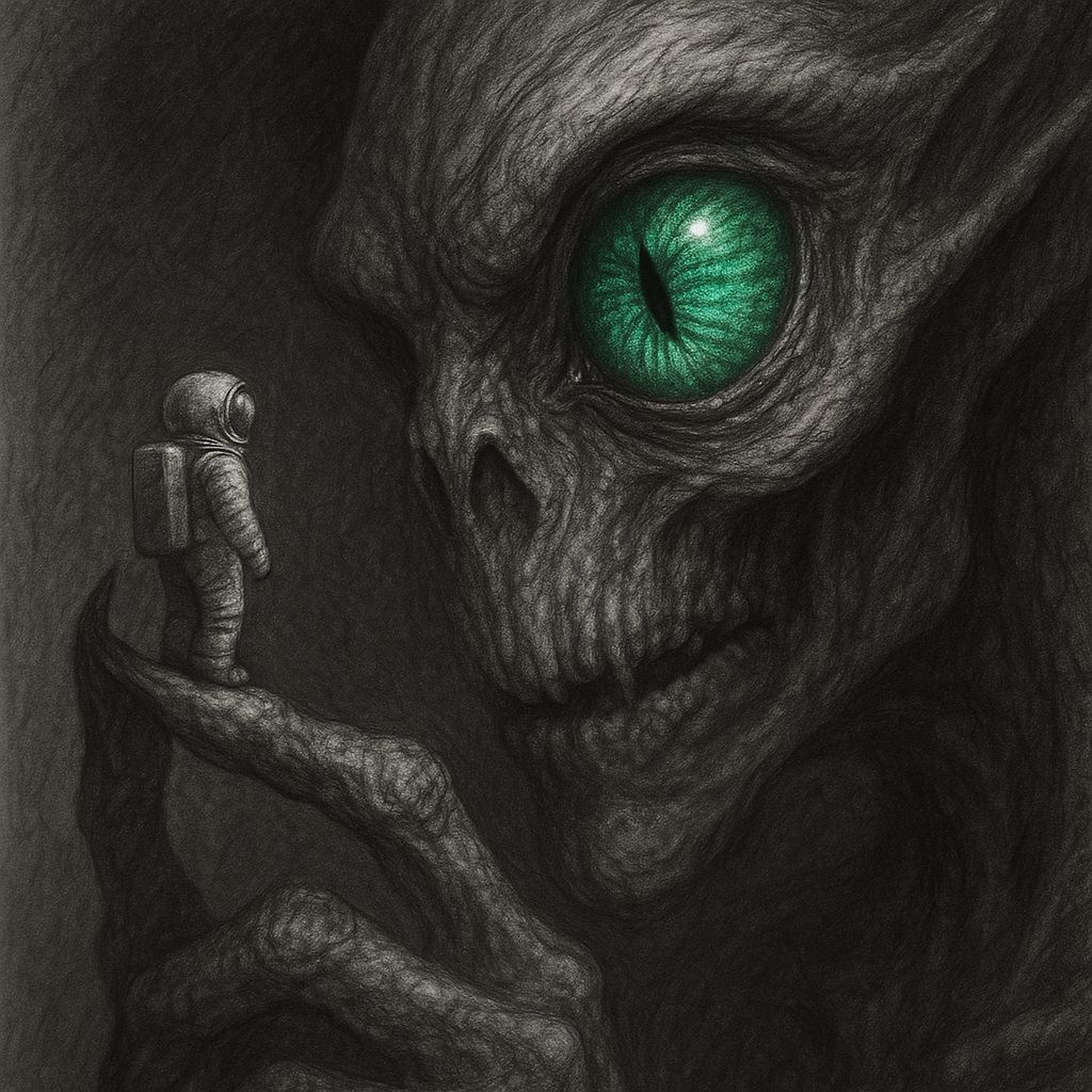 Horror Alien Examines Astronaut: Hyper-Realistic Pencil Art
