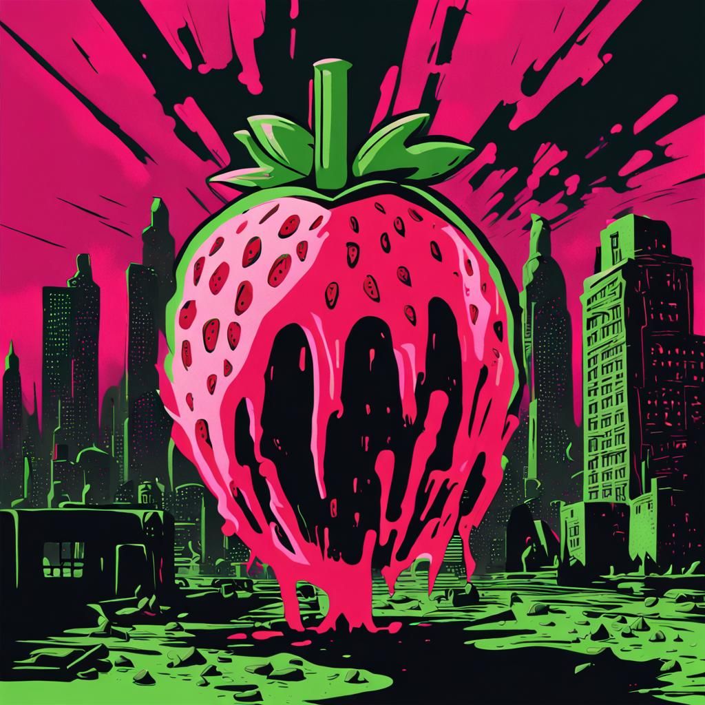 Strawberry Grenade Explodes in Surrealist Noir Cityscape