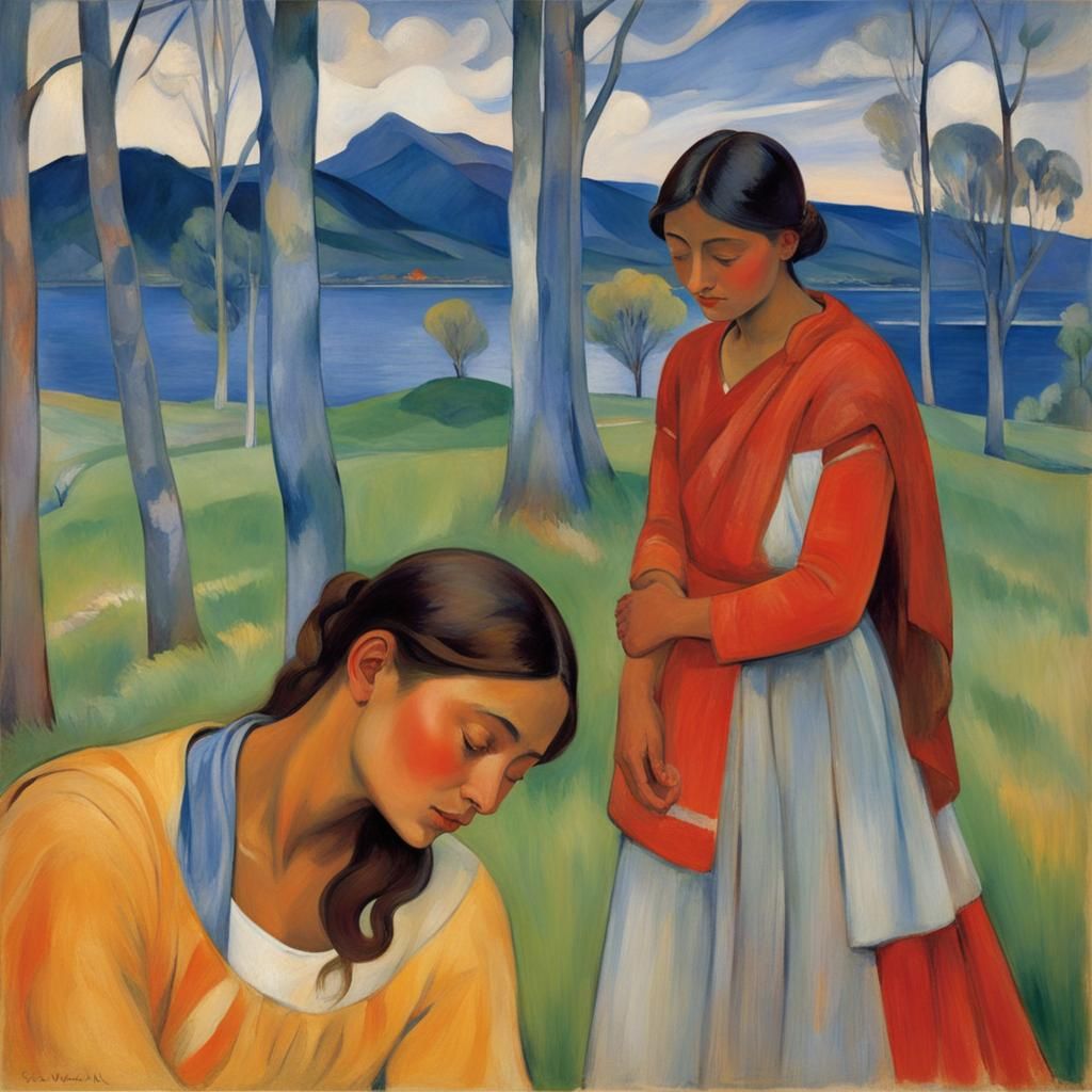 Embracing Figures in Post-Impressionist Style