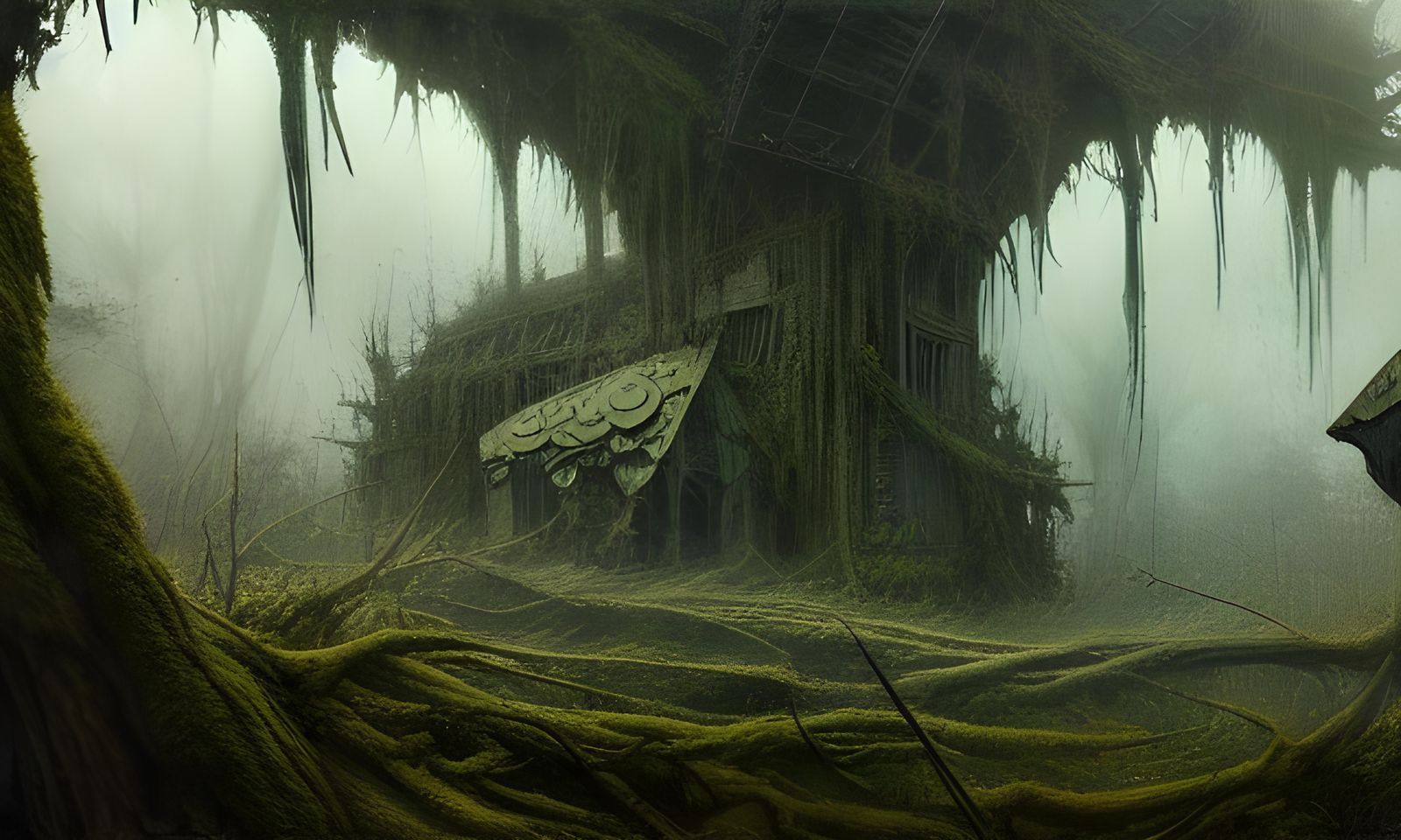 Intricate Mossy Wooden Structure in Digital Art Style