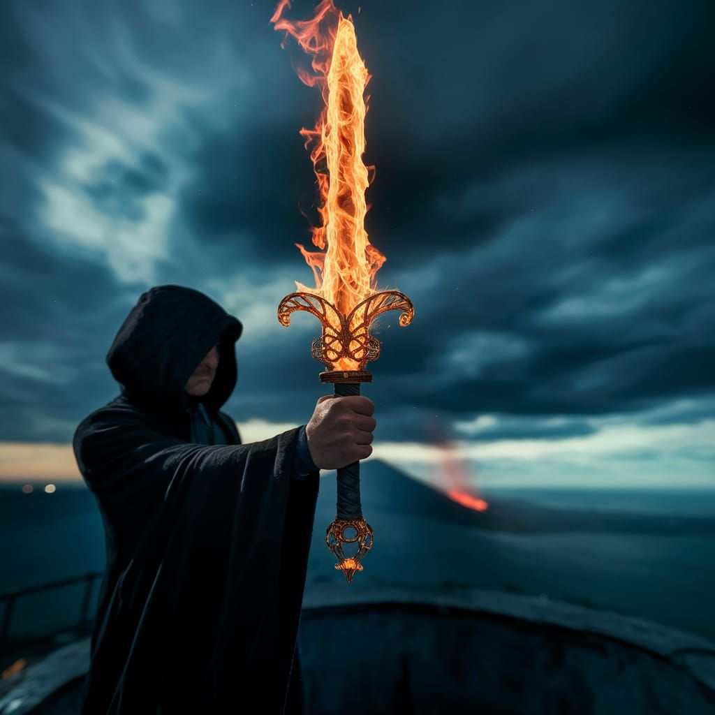Fiery Sword Held by Hooded Figure on Volcano's Edge