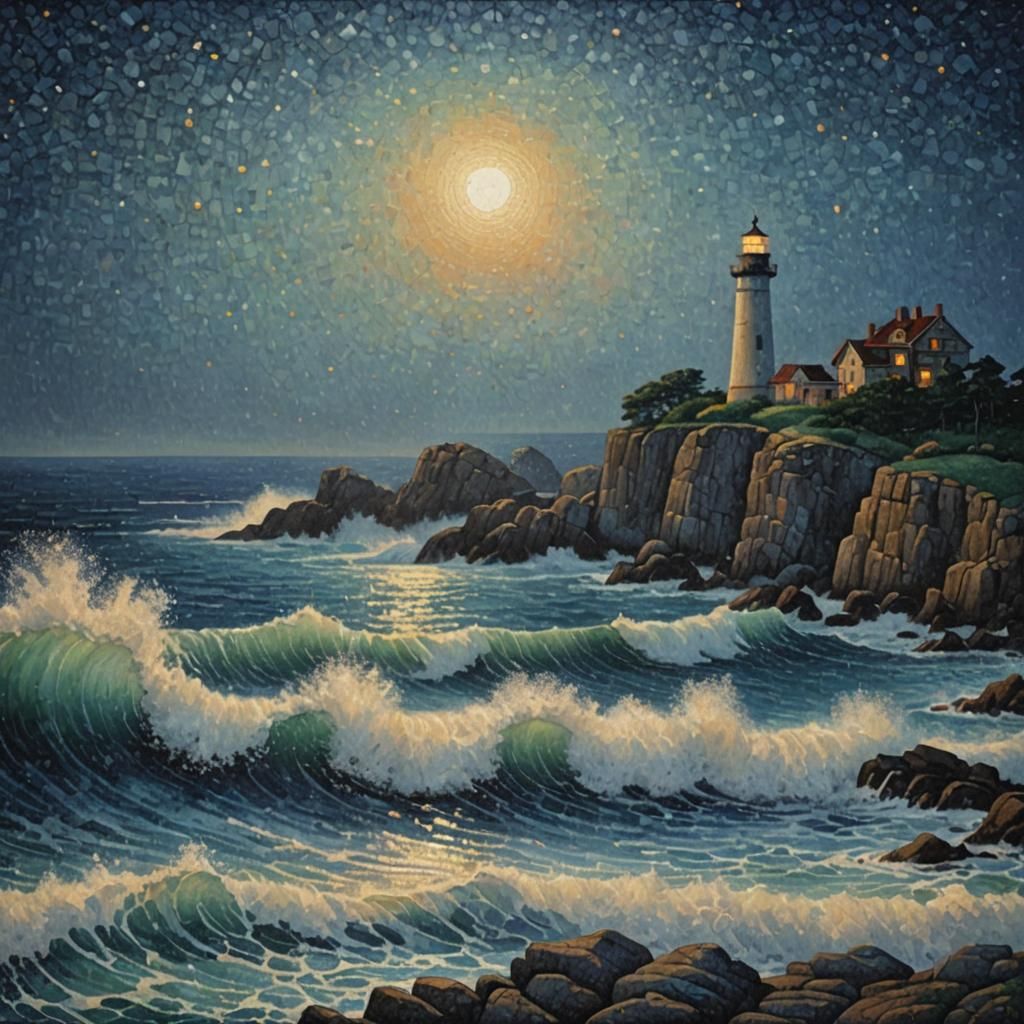 Pointillist Lighthouse at Night with Starry Sky
