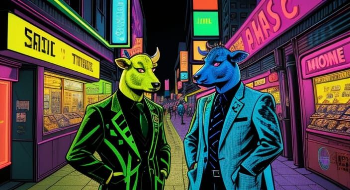 Neon Urban Scene with Anthropomorphic Cows
