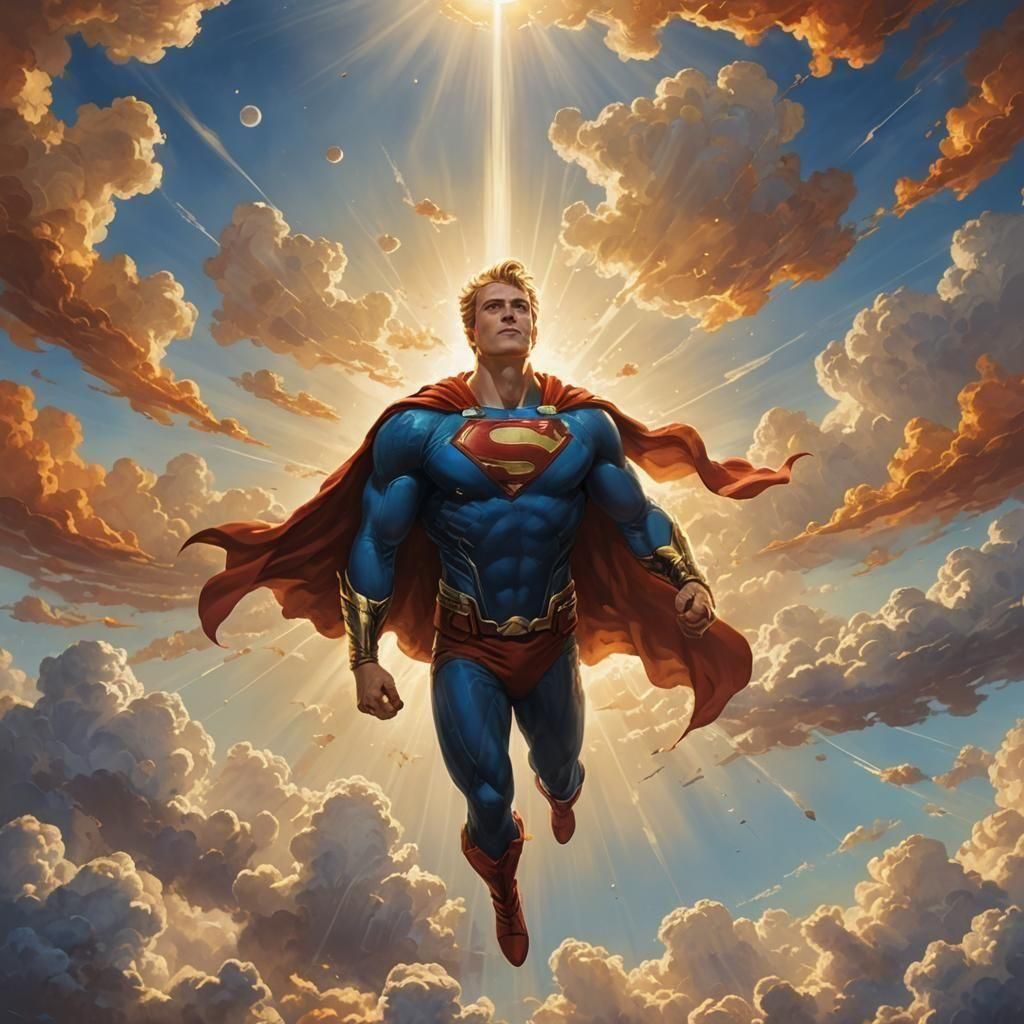 Superhero Floating in Golden Sunlight Illustration