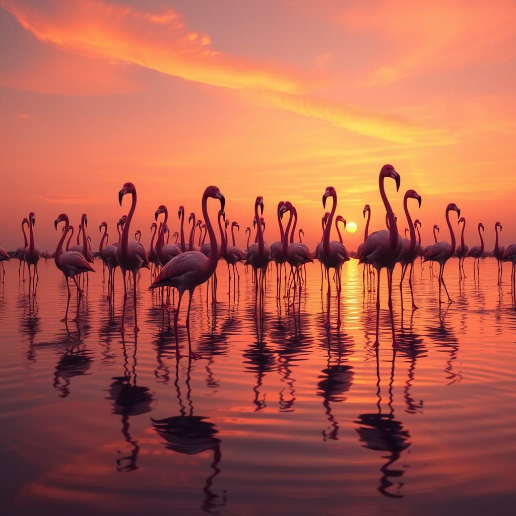 Flamingos in a Serene, Dreamlike Twilight Scene