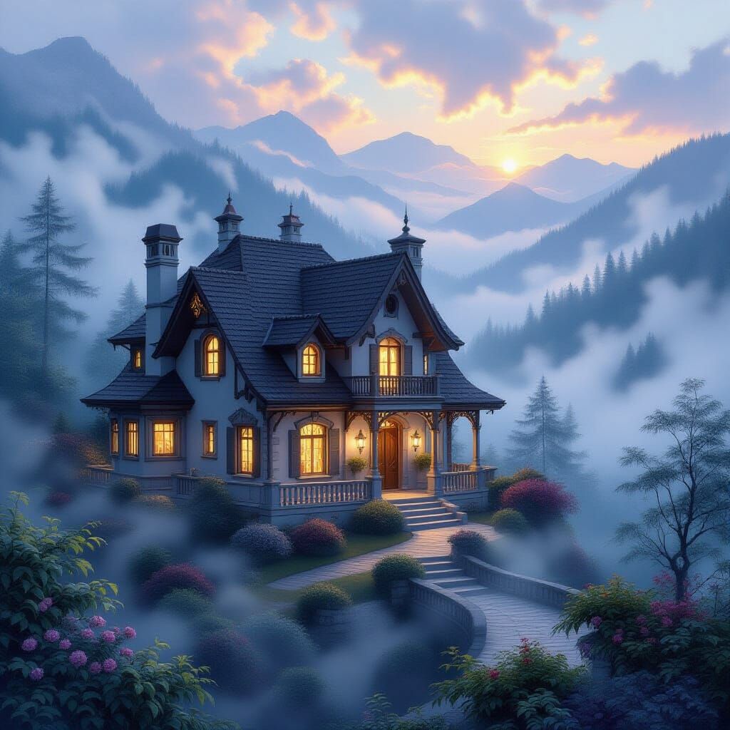 Ethereal Fantasy House Painting with Panoramic Views