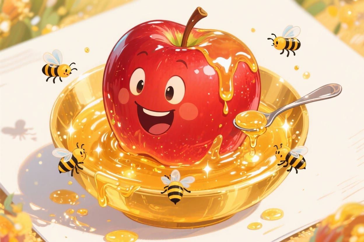 Giant Smiling Apple in Honey Bowl with Bees