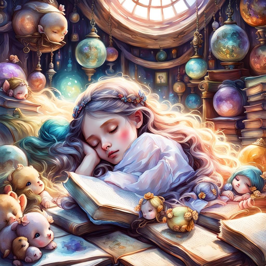 Girl Sleeping with Dolls and Books: Fantasycore Art