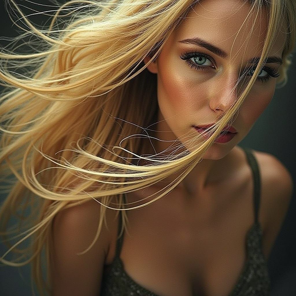 Ruggedly Glamorous Woman with Windswept Hair and Dramatic Li...