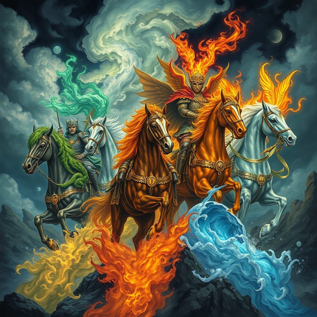 Elemental Horsemen in Retro-Futuristic Style