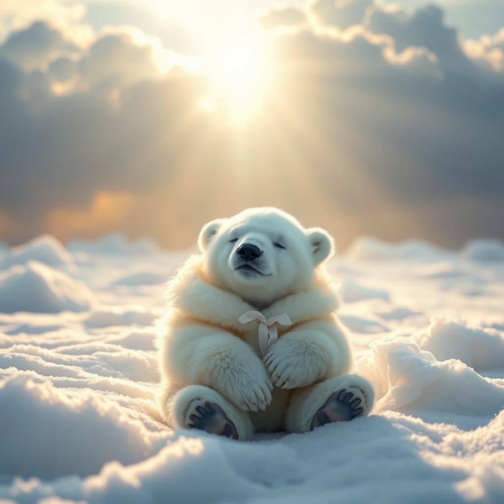 Peaceful Polar Bear Cub in Ethereal Landscape