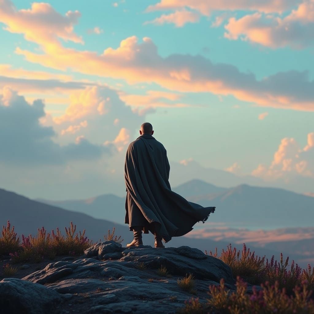 Man in Billowy Cloak in Distant Realm
