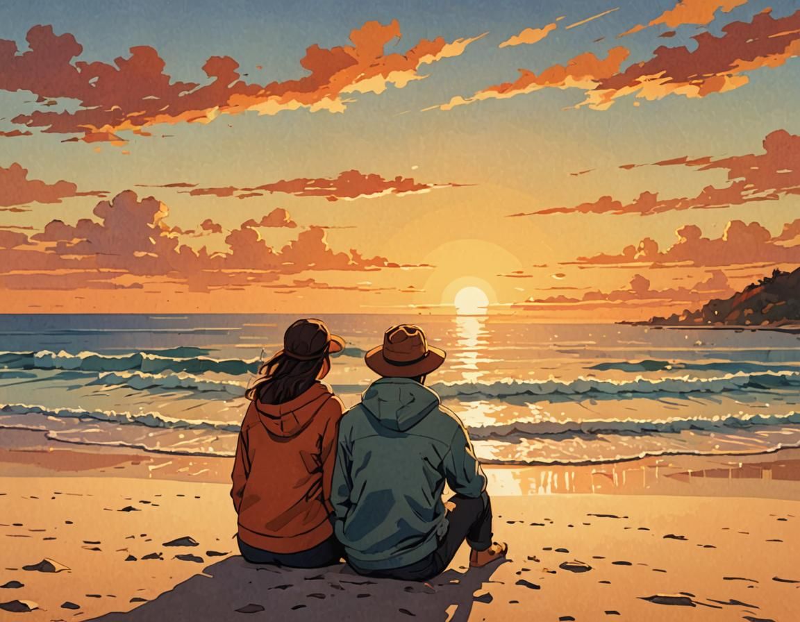 Romantic Sunset Beach Scene in Cel-Shaded Style