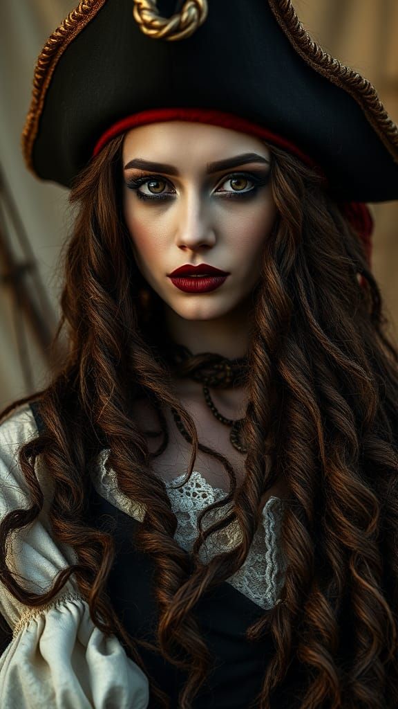 Pirate beautiful woman made of twine and string, attractive scene, breathtaking, counting time, very long flowing curly ...