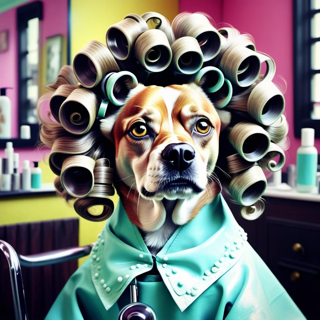 A dog with its fur set in curlers at a hairdressing salon in...