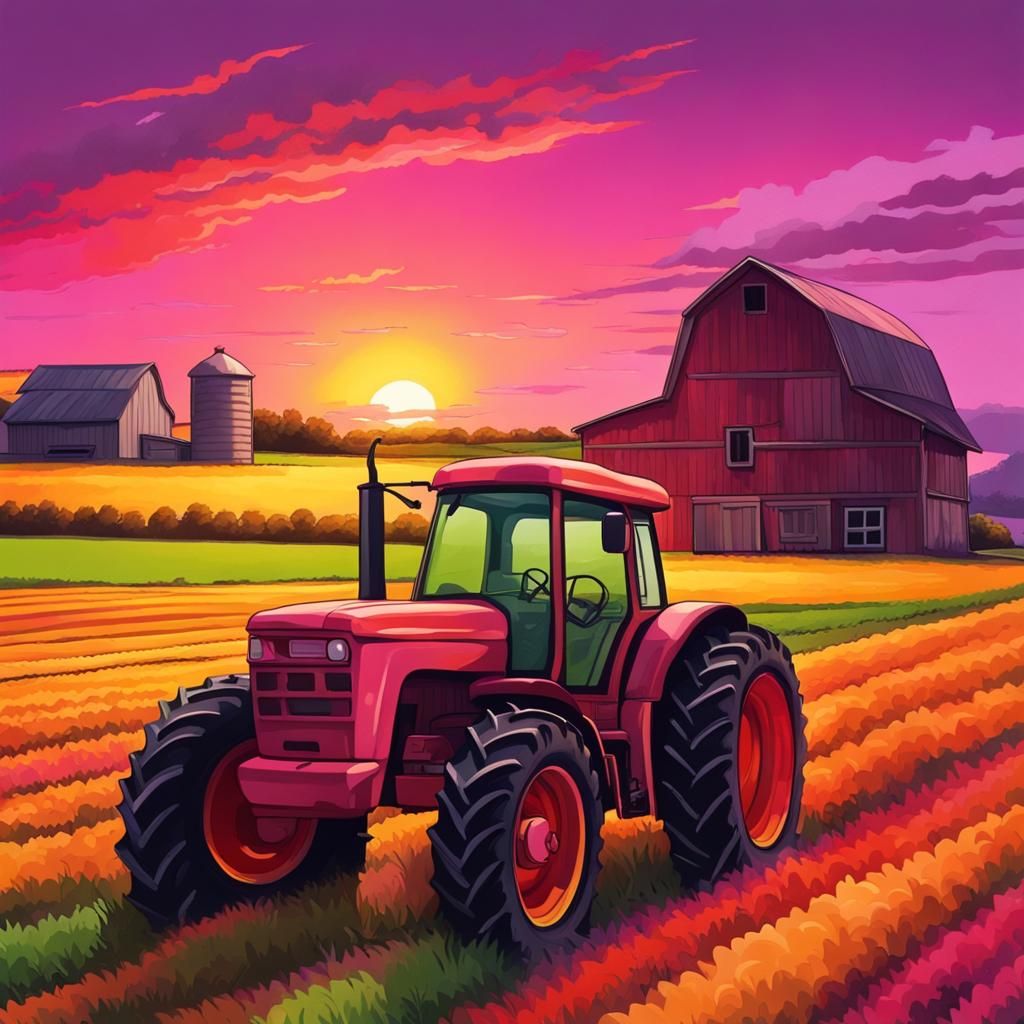 Sunset Tractor on Farm in Hyperrealistic Style