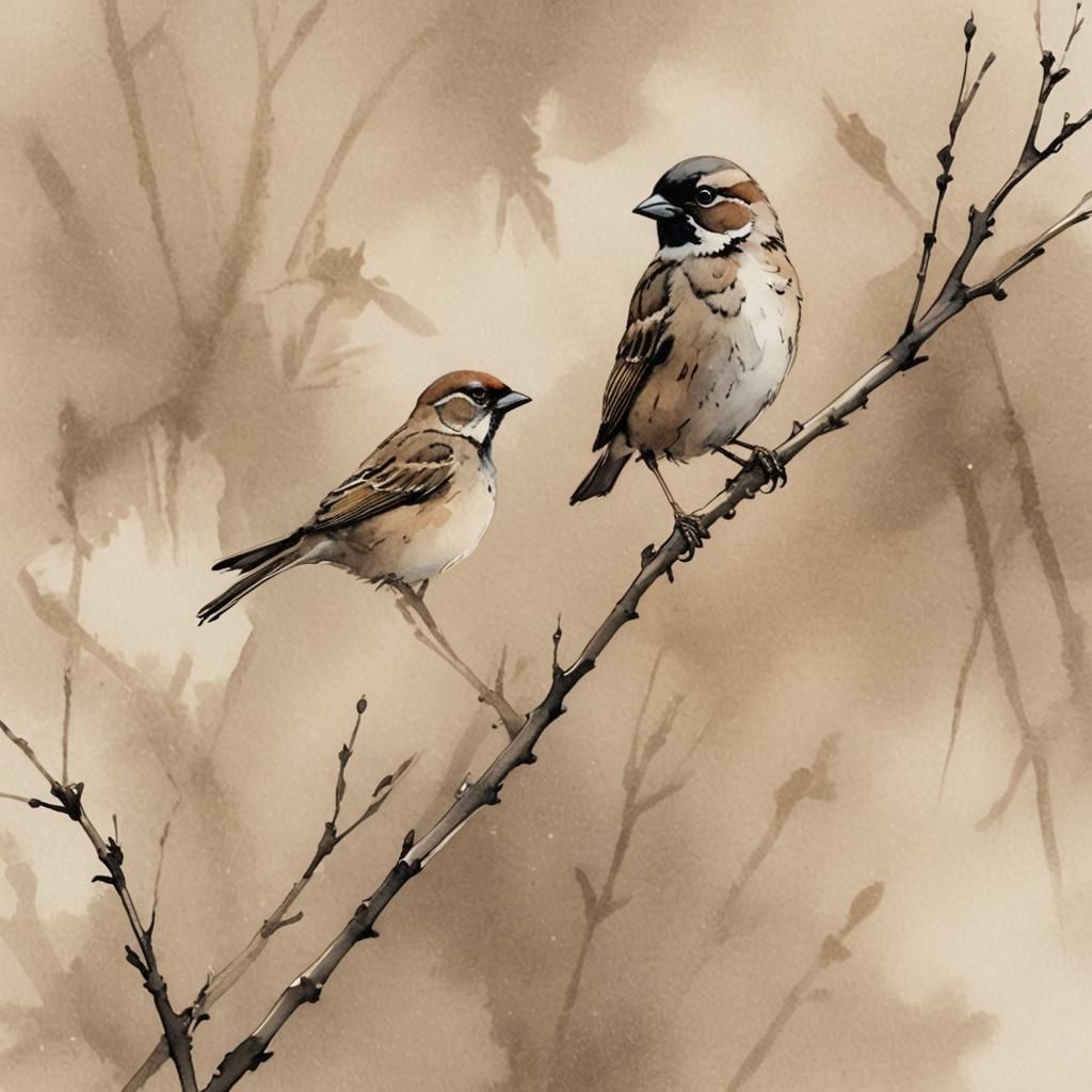 Minimalist Ink Sparrow on Barren Branch