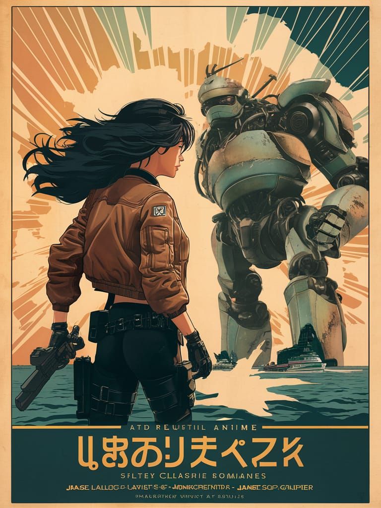 beautiful classic japanese anime movie poster of a strong female commando, brown bomber jacket, dark black flowing hair,...