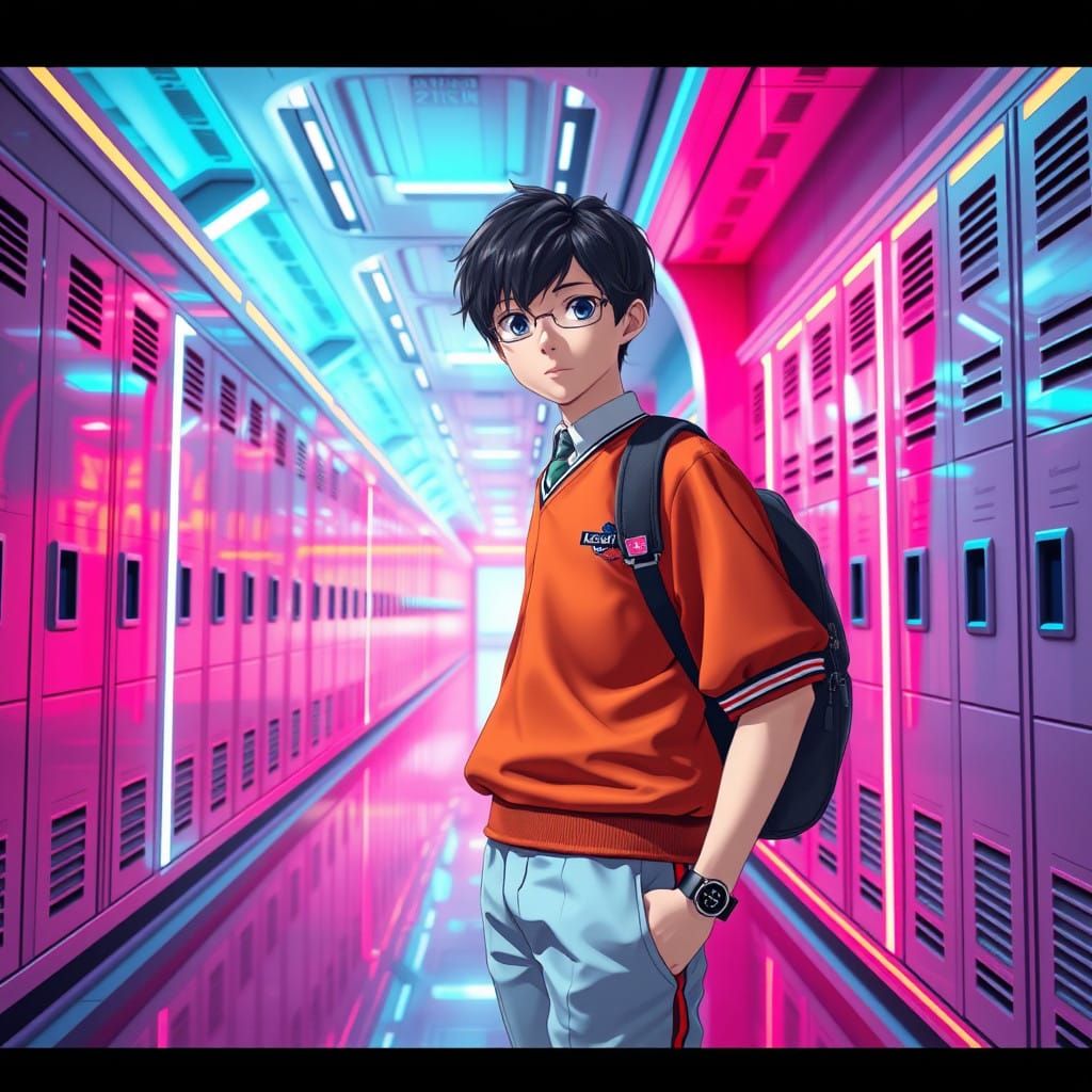 Young Student in Futuristic School Hallway