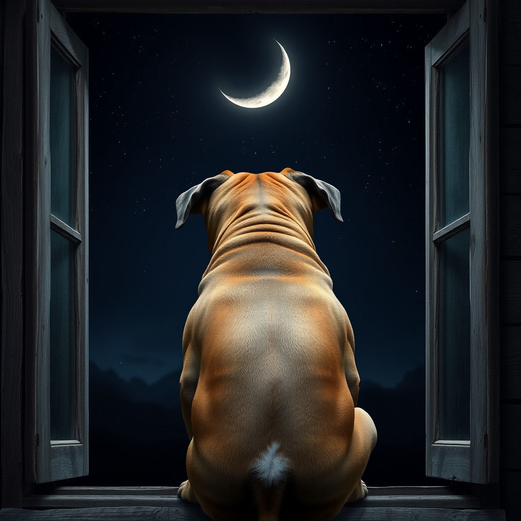 American Bulldog Gazing at Crescent Moon in Dark Sky
