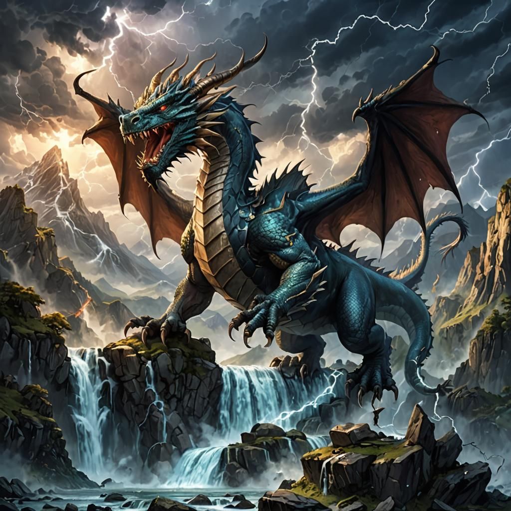 Dragon Flying Over Mountain Landscape in Storm