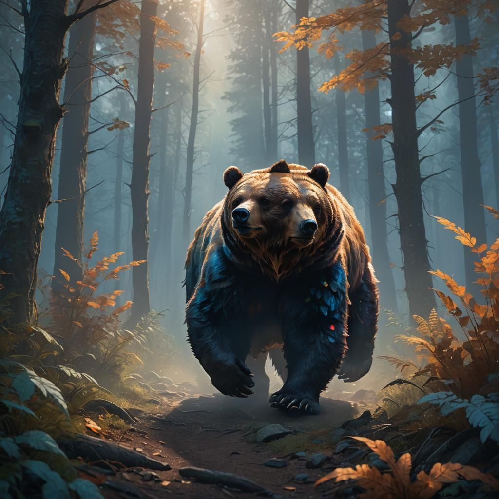 Humanoid Bear Walks Through Misty Forest