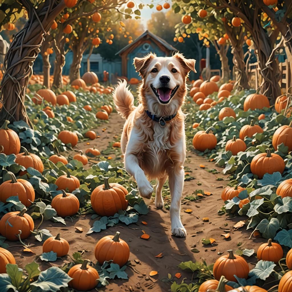 Happy Dog in Vibrant Pumpkin Patch