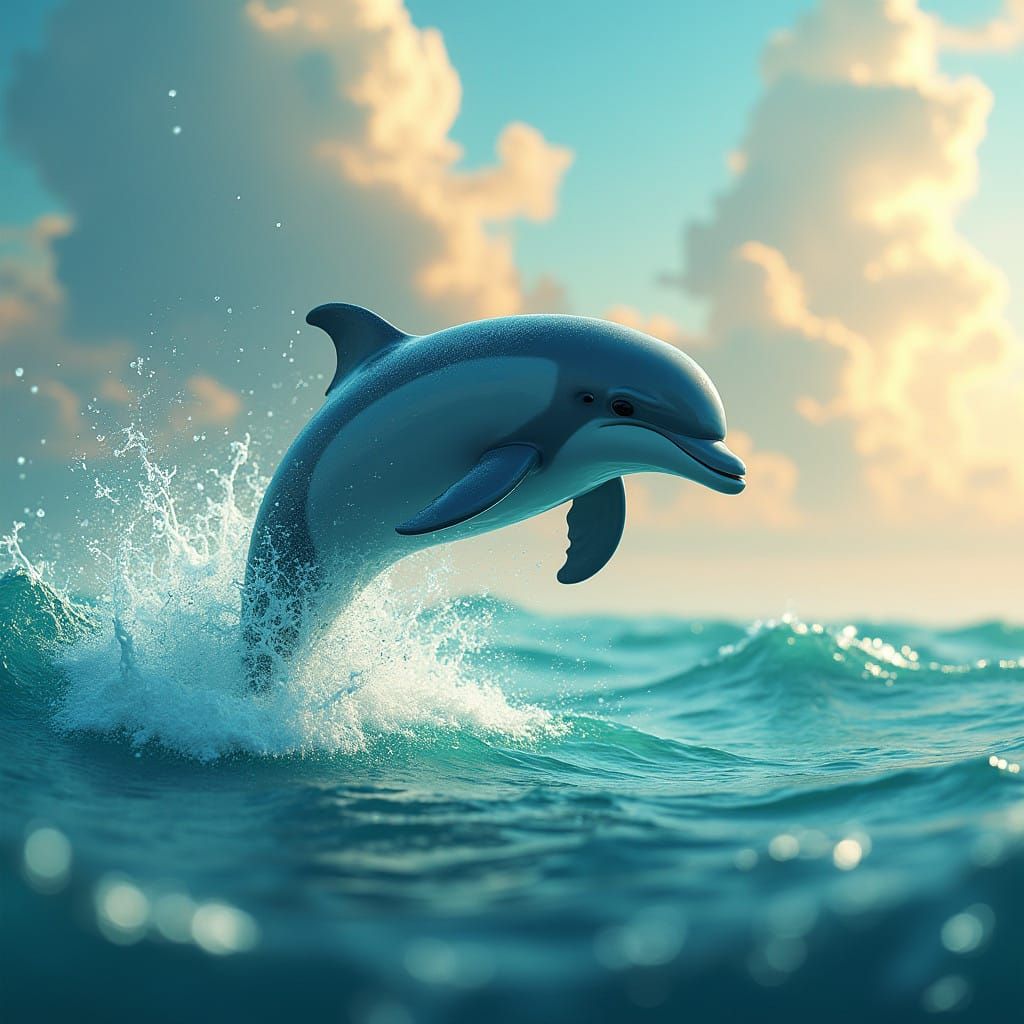Dolphin Leaping from Turquoise Ocean in Vibrant, Whimsical S...