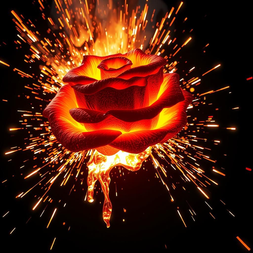 Dramatic Molten Metal Rose with Fiery Sparks