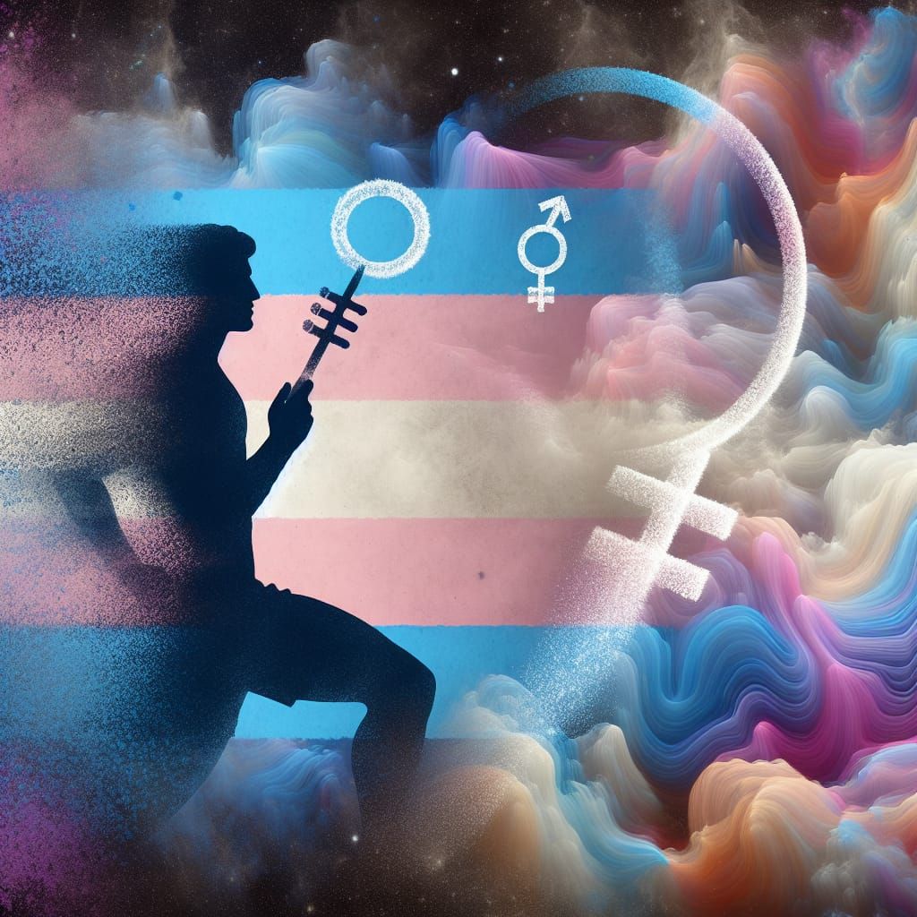 Double exposure of an airbrush chalk painting, of a transgen...