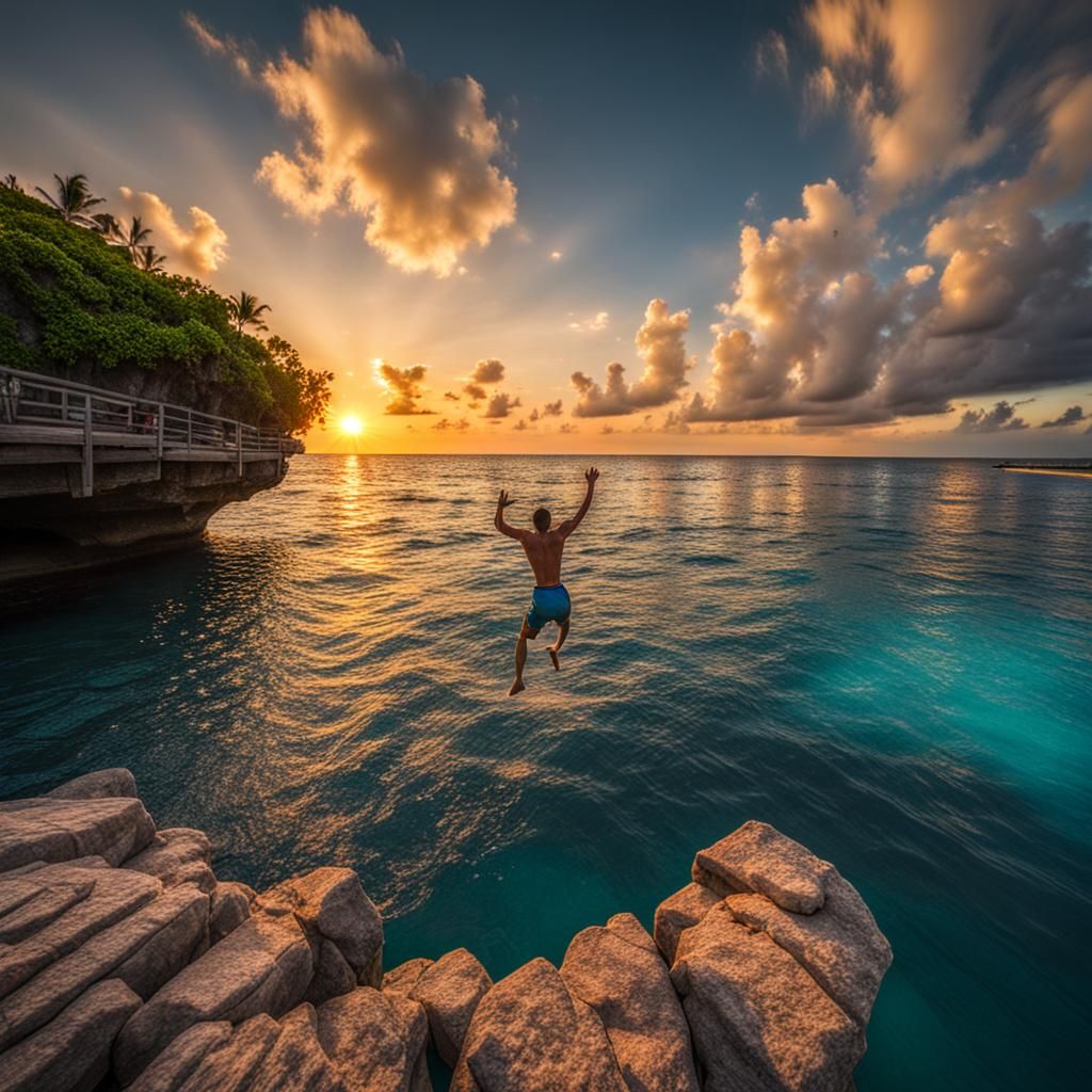 Maldives Cliff Jump at Sunset: Hyperrealistic HDR Image