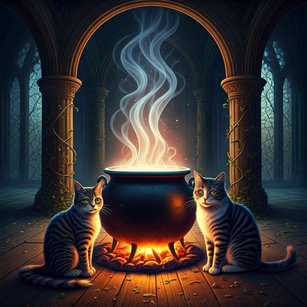 Enchanted Cats and Witch's Cauldron in Moonlit Scene