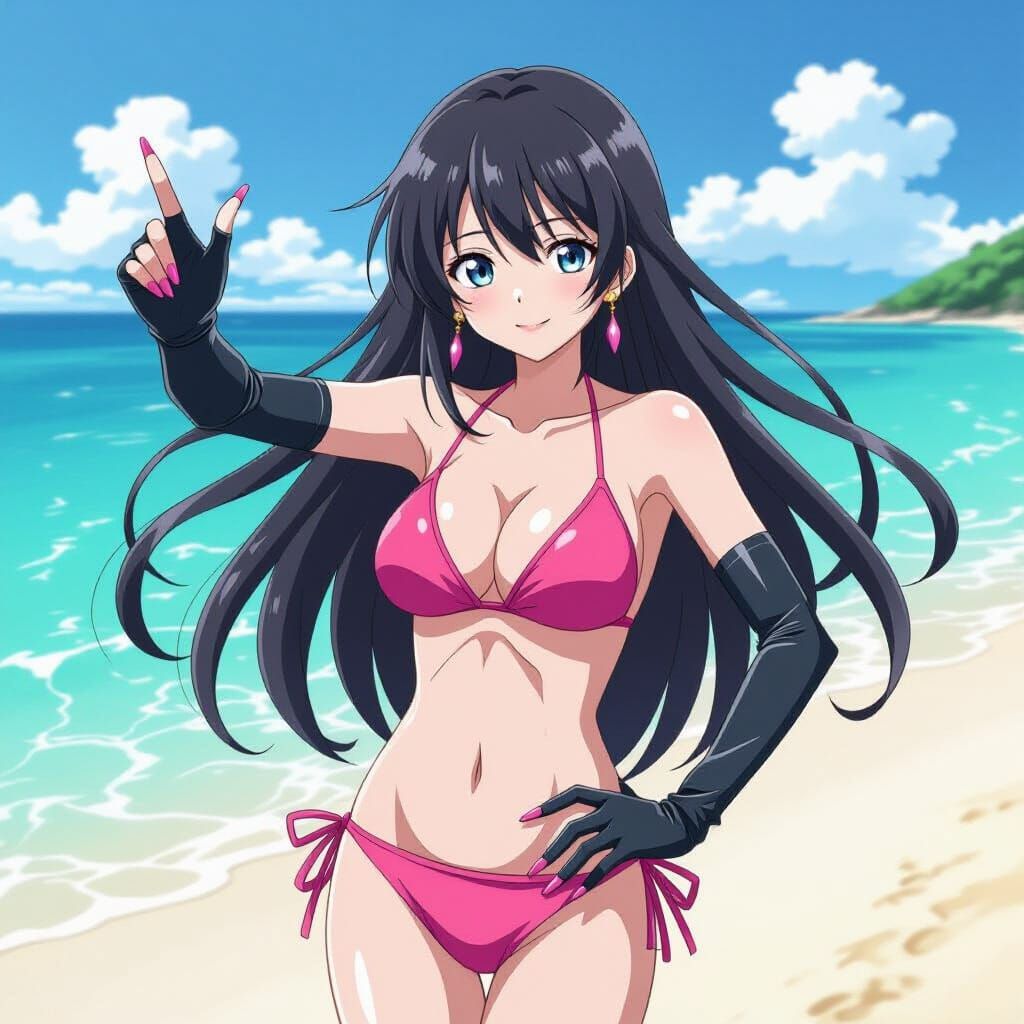 Anime Girl Longest Nails Pink Bikini Black Gloves