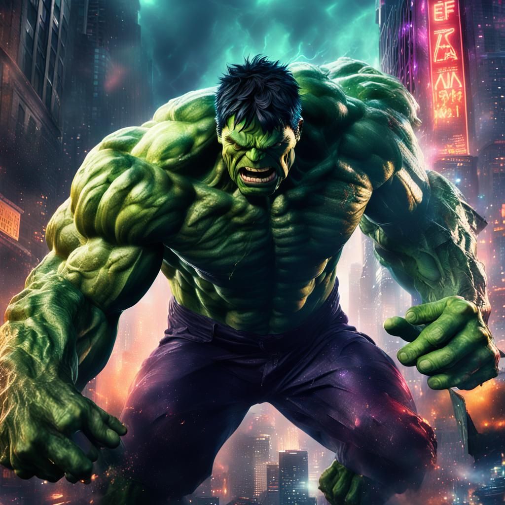 Hulk Smashing Through Metallic Cityscape in Hyperreal Style