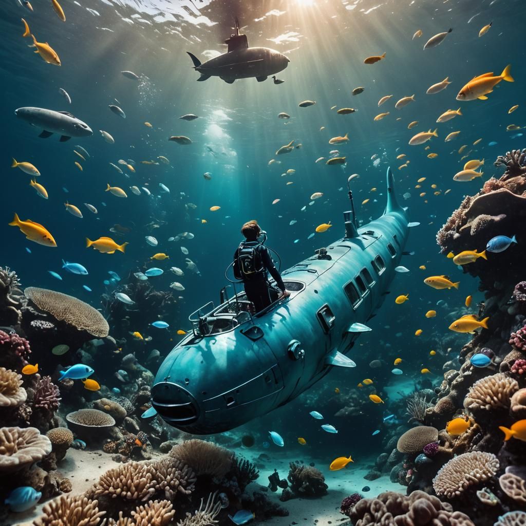 Blue Submarine Surrounded by Bioluminescent Sea Creatures