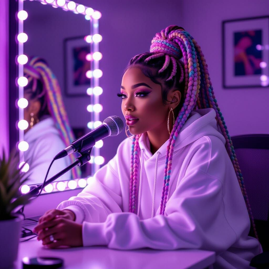 R&B Artist with Lavender Twists in Cozy Studio