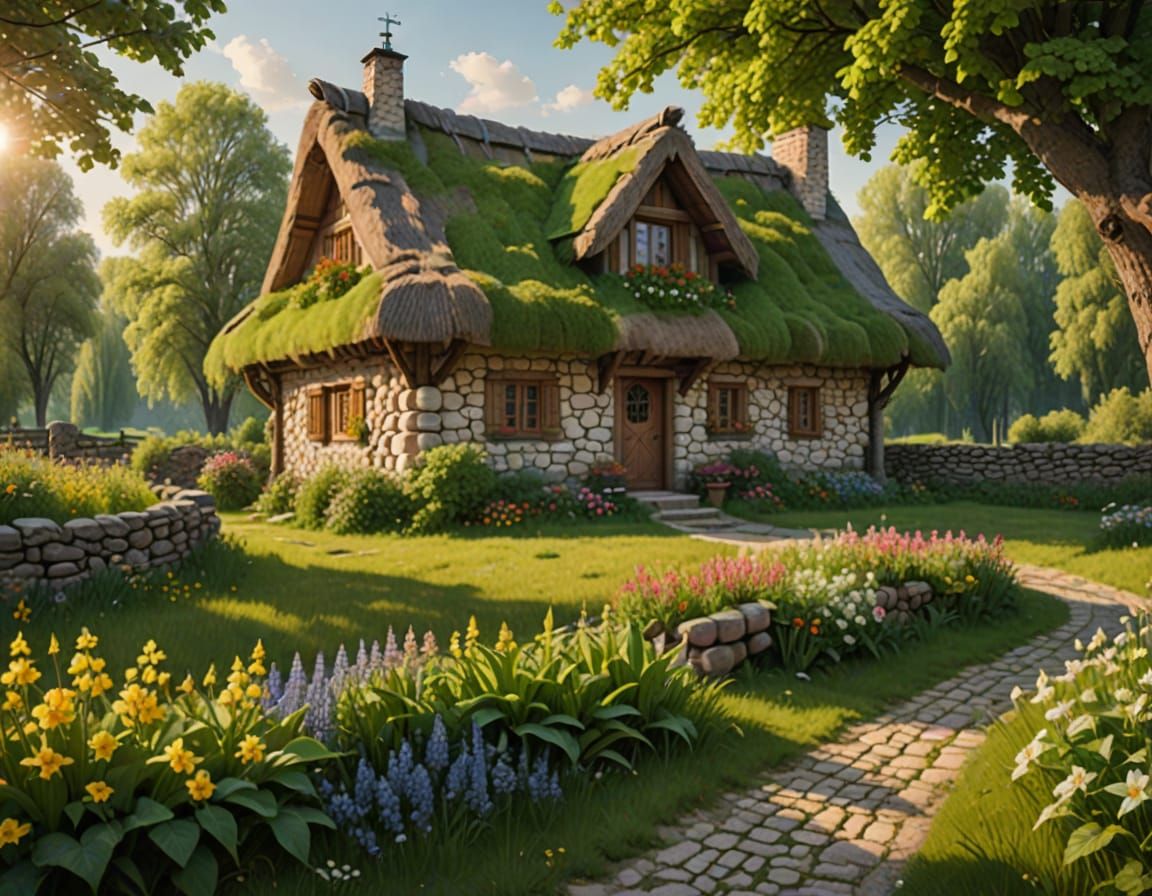 Idyllic Ukrainian Countryside Scene with Quaint Stone Cottag...