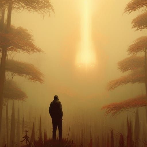 Shadow Man and Beast in Misty Landscape