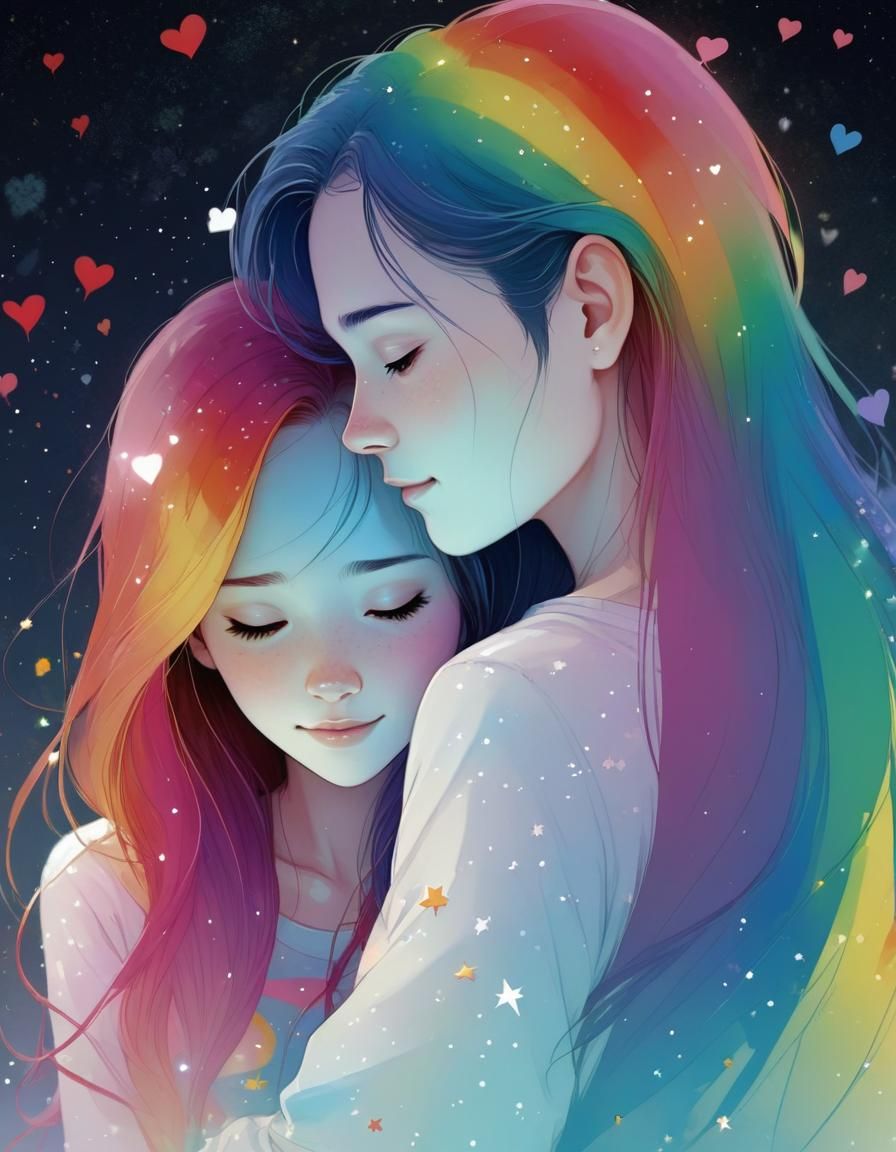 Couple Surrounded by Hearts in Colorful Illustration