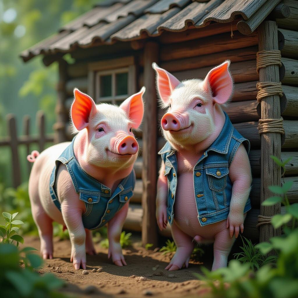 Pig in Denim Vest Beside Rustic Stick House